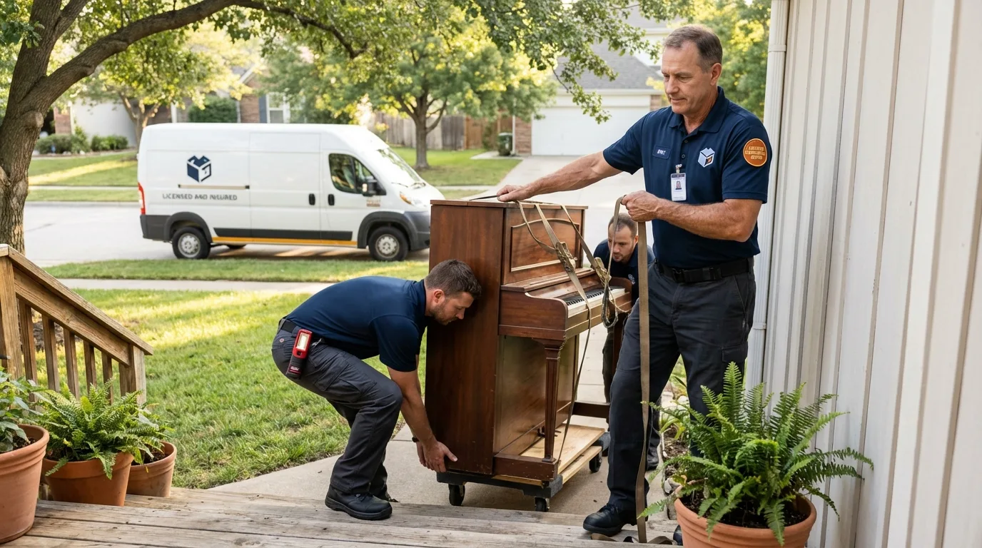 Licensed piano movers securing grand piano in Clay, WV