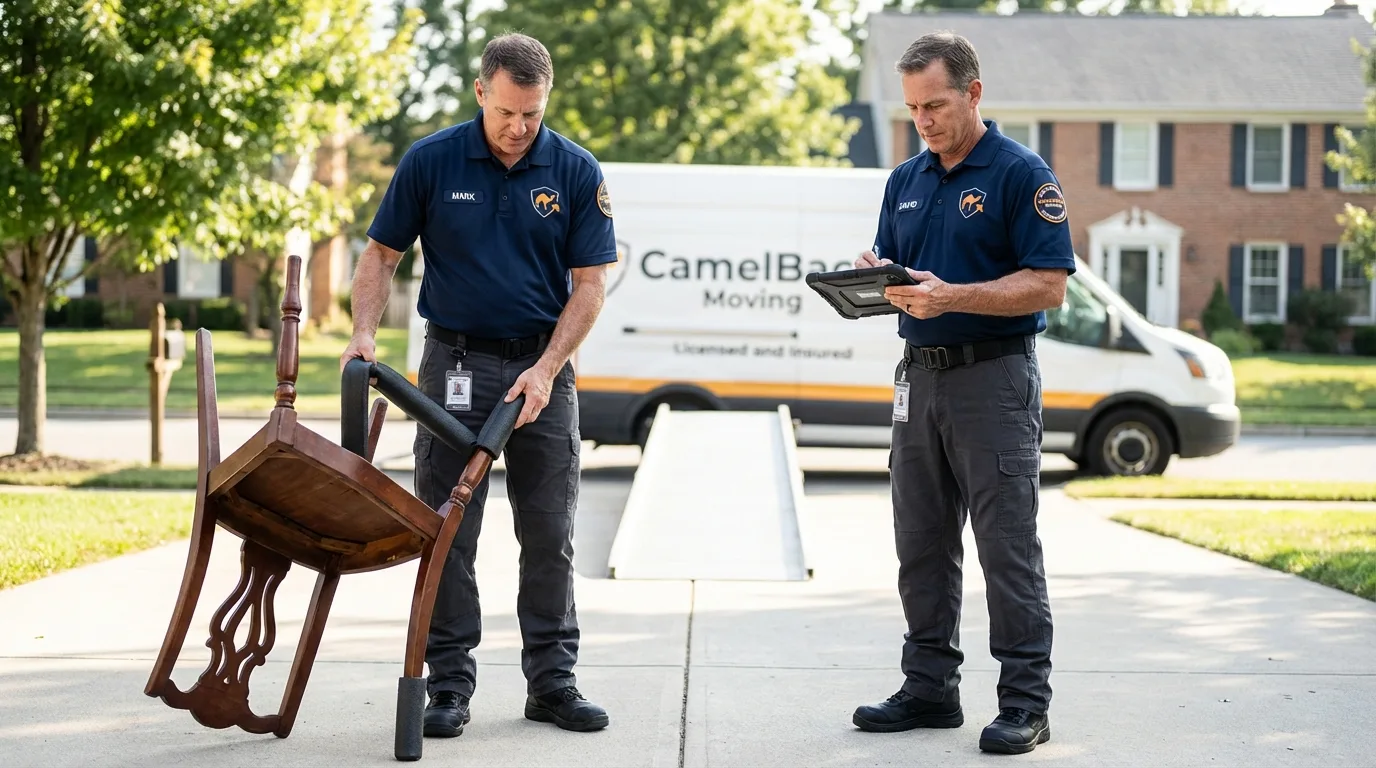 Movers inspecting furniture for damage prevention before loading in Clay, WV