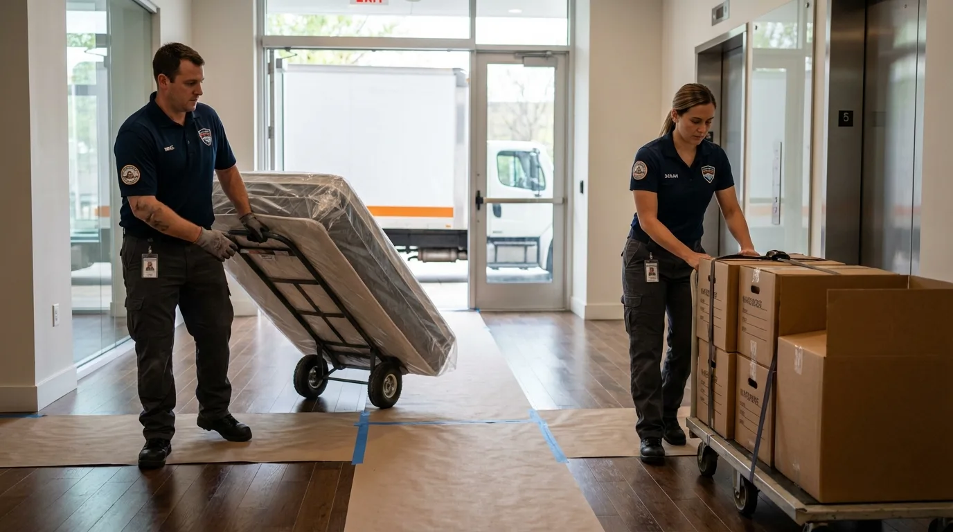 Professional apartment movers loading elevator in Clay, WV